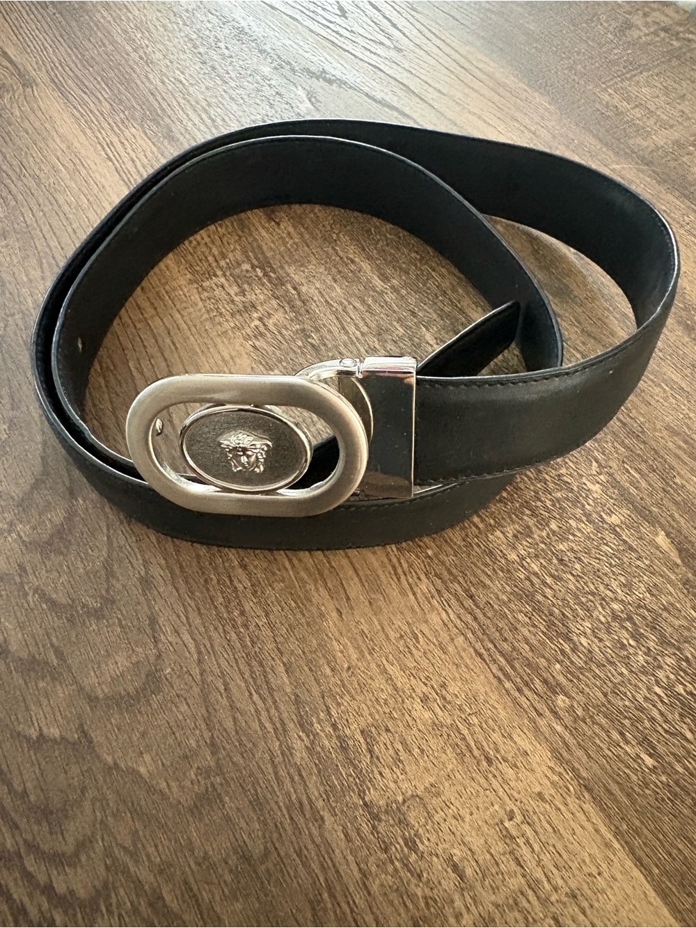 Versace Black Leather Belt with Silver Medusa Oval Buckle